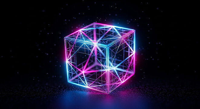 Abstract glowing geometric prism with neon blue and pink light trails on black background