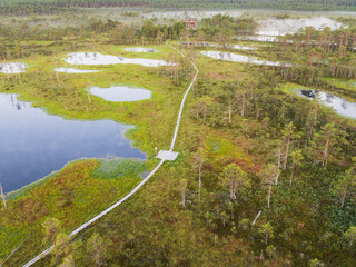 Aerial drone view of the wooden boardwalk winding through the misty landscape of Viru Bog in Lahemaa National Park, Estonia.