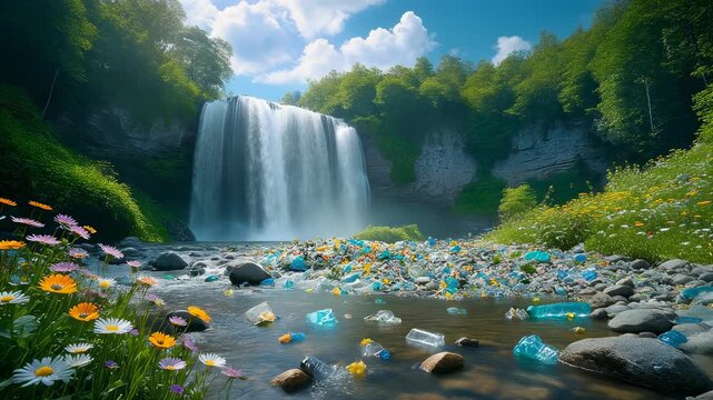 Polluted Waterfall Landscape with Plastic Waste and Wildflowers pollution environmental disaster