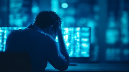 A person appears stressed while sitting in front of a glowing computer screen, emphasizing themes of technology and mental strain in a dark, blue-toned setting.