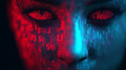 A digital face with glowing red and blue features, showcasing binary code in the eyes, symbolizing technology and artificial intelligence.