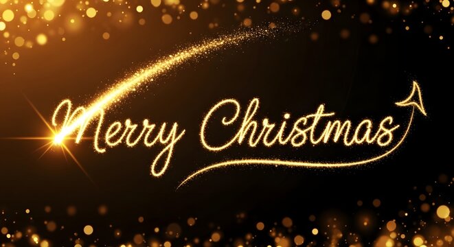 Merry christmas sparkling golden text with a glitter trail and festive bokeh lights on a dark background, celebrating the holiday season
