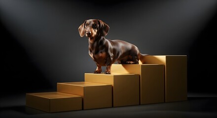 Adorable dachshund dog standing proudly on golden podium steps under dramatic spotlight, symbolizing achievement, success, ranking, pet excellence and competition concept in studio lighting.