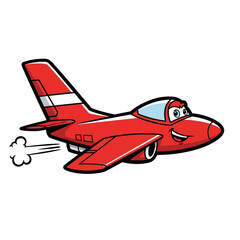 Cartoon red jet plane with a happy face and white smoke trail.