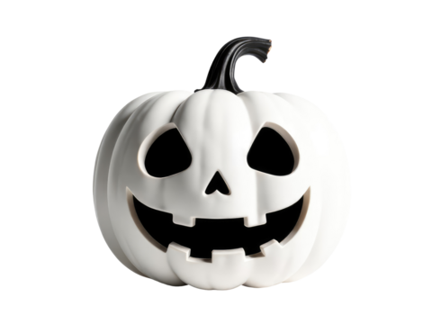 A white pumpkin with a scary face carved onto its surface