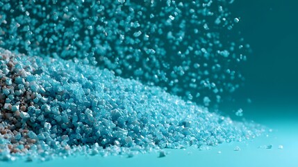 Obraz premium Half-screen with flying plastic granules, commercial style, exciting, blue-turquoise.Concept: Product advertisement, dynamic motion, commercial visual, consumer goods, playful, modern marketing, eye-c
