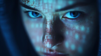 A close-up of a person's face illuminated by digital code, conveying a sense of focus and technological engagement.