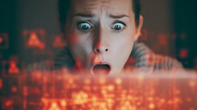 A shocked woman stares at a computer screen filled with glowing data, conveying surprise and anxiety in a digital environment. - Powered by Adobe