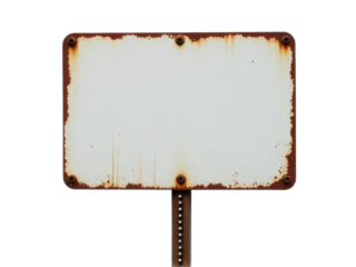 Old rusty metal sign on a post against a clean white background