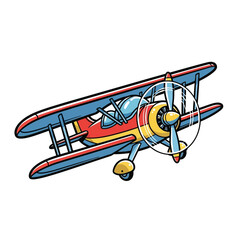 Cartoon illustration of a biplane with a red and blue body, yellow propeller, and a clear sky.