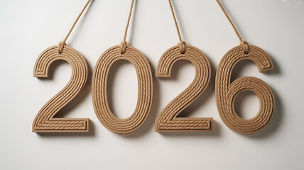The year 2026 represented by decorative numbers made of thick brown rope or twine hanging against a clean white background, isolated on white background