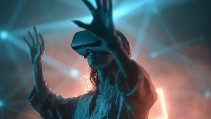 Woman wearing vr headset surrounded by glowing digital light in immersive virtual space - Powered by Adobe