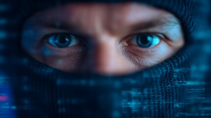 A close-up of a person's eyes, partially obscured by a mask, surrounded by a blue digital interface suggesting themes of technology and mystery.
