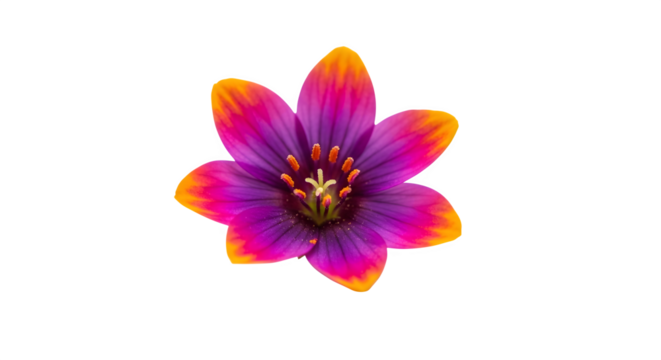 A vibrant flower with purple petals and orange tips isolated on transparent background