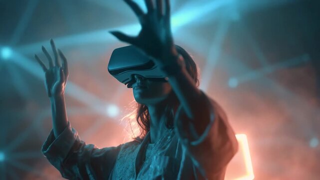 Woman wearing vr headset surrounded by glowing digital light in immersive virtual space