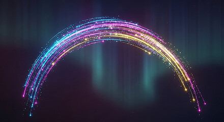 Vibrant glowing archway of colorful light particles in a dark abstract space