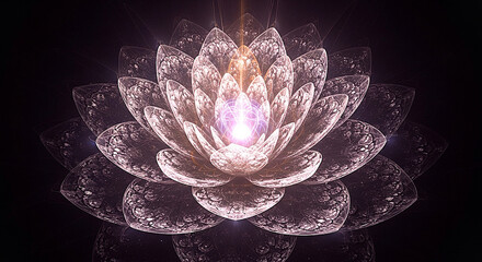Luminous fractal lotus flower illuminating in the darkness with intricate petals
