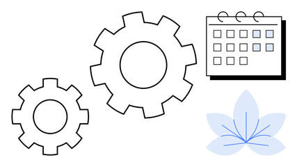 Two cogwheels for mechanisms, a calendar for planning, and a leaf-shaped element for harmony. Ideal for productivity, time management, teamwork, organization, creativity balance meditation. Simple