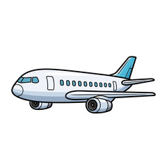 A side view illustration of a white passenger airplane with blue accents.
