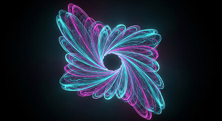 Abstract glowing fractal spiral with vibrant pink and teal neon lights on black background