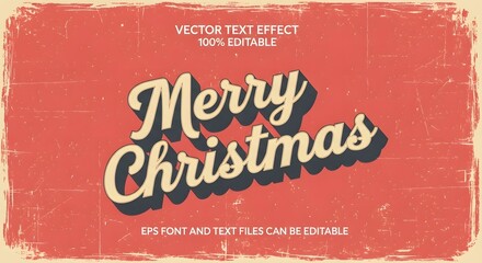Retro merry christmas text effect with distressed texture on a vibrant red background, ideal for holiday cards, banners, and seasonal graphic designs