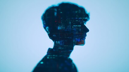 A silhouette of a person filled with a digital circuit pattern against a soft blue background, symbolizing technology and innovation.