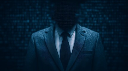 A shadowy figure in a suit with a pixelated face, set against a digital background, embodies themes of anonymity and technology.