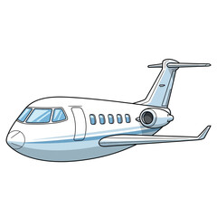 Illustration of a white private jet with blue accents, side view, ready for travel.