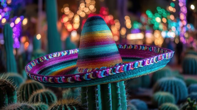 A bright sombrero rests atop a tall cactus surrounded by colorful lights and decorations. The scene captures a joyous atmosphere typical of a traditional festival in Mexico.