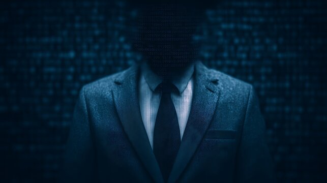 A shadowy figure in a suit with a pixelated face, set against a digital background, embodies themes of anonymity and technology. - Powered by Adobe