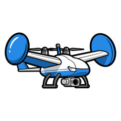 A cartoon illustration of a blue and white drone with a camera.