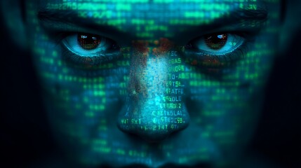 A close-up of a face with digital code projected onto it, creating a fusion of technology and human expression.