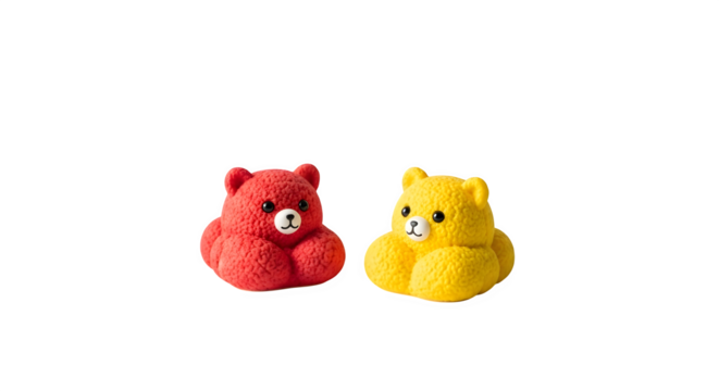 Two adorable teddy bear shaped erasers, one red and one yellow isolated on transparent background - Powered by Adobe
