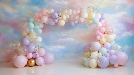 A vibrant balloon arch composed of pastel colors creates a cheerful atmosphere for an event in a bright venue. The backdrop features a soft cloud like design that enhances the festive mood.