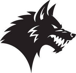 Vector illustration of an aggressive wolf head growling with sharp teeth and fierce expression in a dark silhouette profile