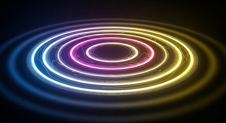 Abstract rainbow colored neon circles pulsating with light on dark background