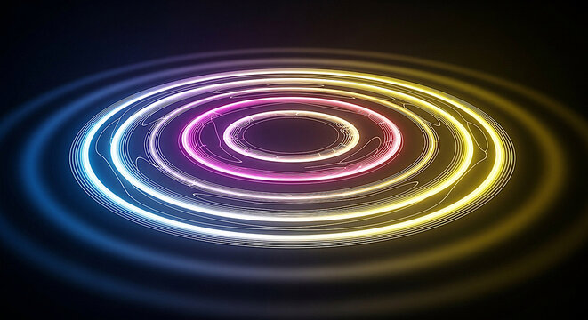 Abstract rainbow colored neon circles pulsating with light on dark background