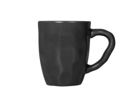 A large black handmade mug with an irregular, slightly crumpled shape and a curved handle, isolated