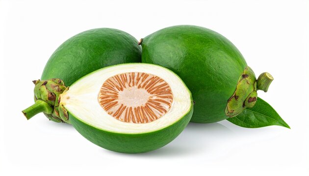 Fresh green areca nut fruit with cut halves showing inner texture, isolated on white background for organic and natural concept.