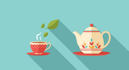 Flat design illustration of a teapot and steaming cup of tea.