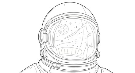 Astronaut helmet reflecting stars and planets in deep space