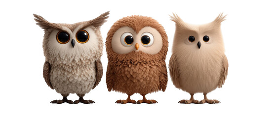 Three cartoon owls standing together, showcasing unique features and expressions against a plain background