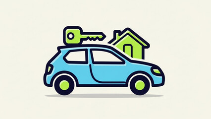 Fototapeta premium Simple icon of a blue car with a large green key on top and a small green house silhouette behind, symbolizing ownership or exchange