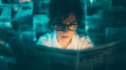 A focused individual reading a newspaper in a dimly lit environment, surrounded by stacks of papers, highlighting a moment of contemplation and engagement with current events.
