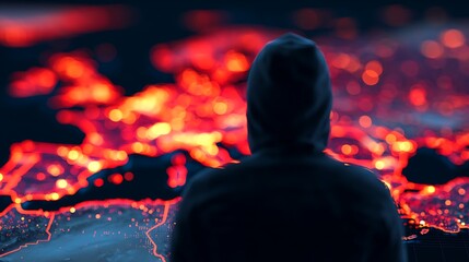 A shadowy figure in a hoodie gazes at a glowing map, symbolizing digital exploration or cybersecurity themes.