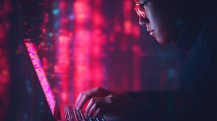 A focused individual typing on a laptop, surrounded by vibrant digital patterns, conveying a sense of technology and innovation.