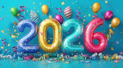 Bright and colorful balloons and streamers fill the scene as festive decorations set the mood for a joyful New Year celebration in 2026. The atmosphere is lively and fun.