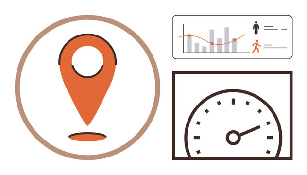 Location pin in a circle, speed gauge, and graph with figures emphasizing tracking, movement, data metrics. Ideal for analytics, performance, progress, navigation efficiency evaluation technology
