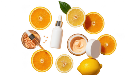 Fresh oranges and skincare products arranged in a circle on a transparent background