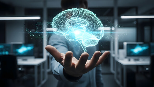 Man holding holographic brain artificial intelligence neuroscience and technology concept